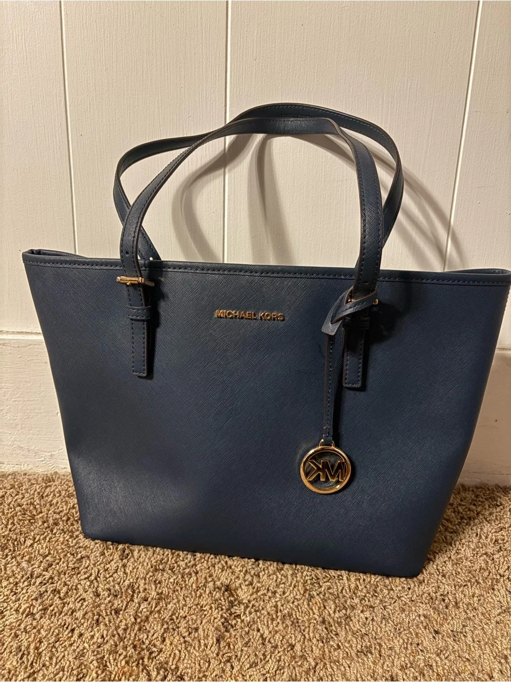 Michael Kors Navy Saffiano Tote with Gold Hardware